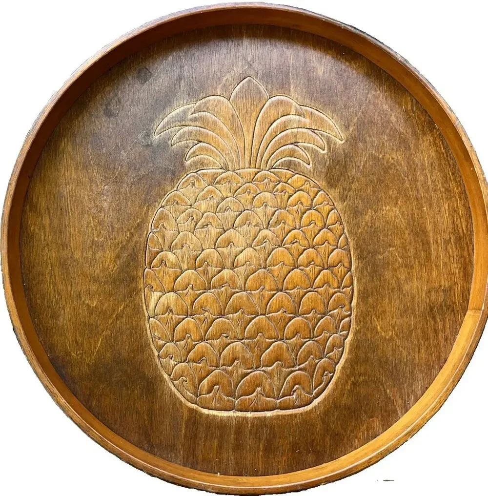 VINTAGE 1982 Woodcrafts Round Wooden Carved Pineapple 14.5